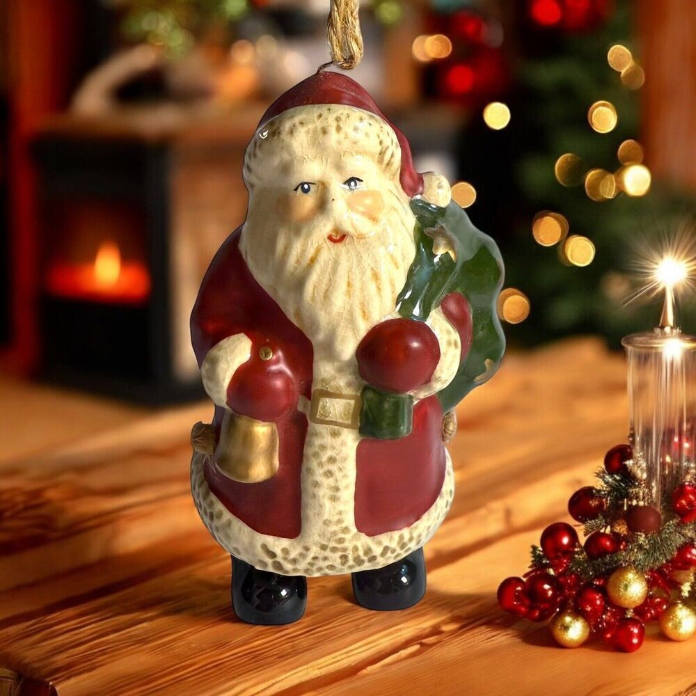 VTG Ceramic Bell Santa Christmas Ornament Articulated Legs 5” Green Gold Stars